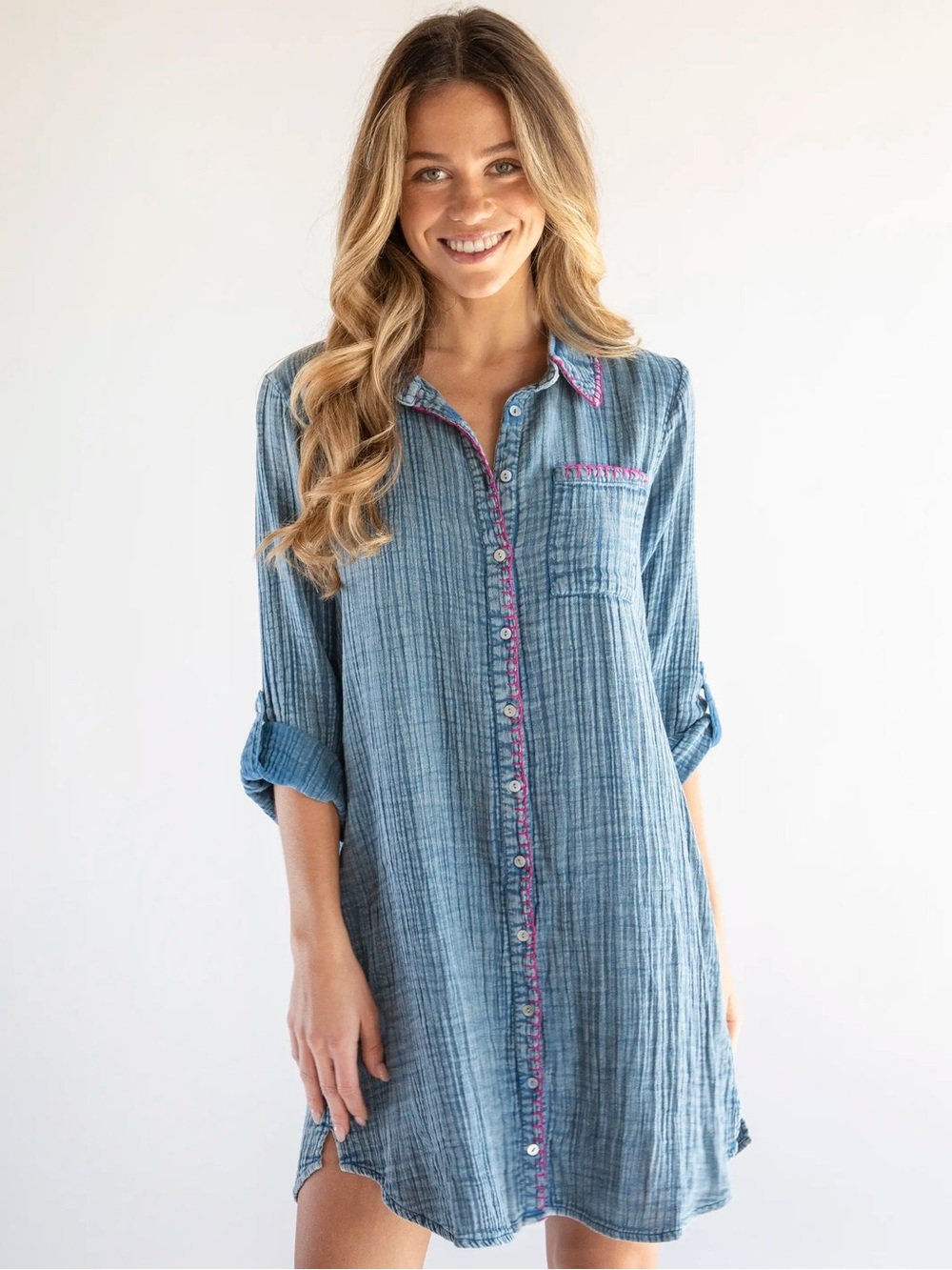 Natural Life Lola cotton shirt dress, XS — denim blue boho gauze mini dress